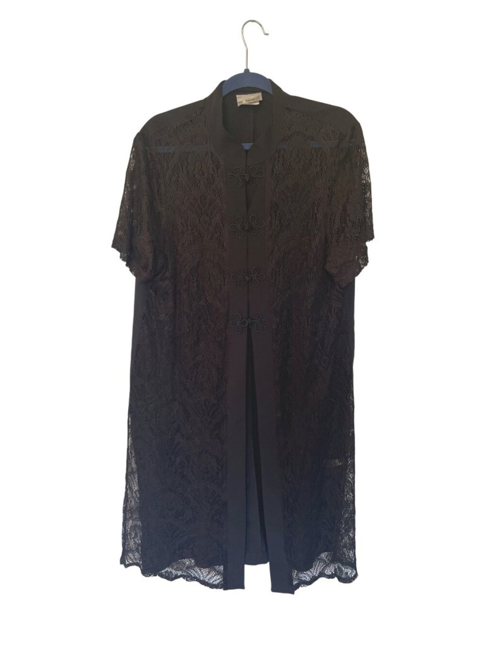 Vintage Fashion Bug Black Lace Short Sleeve Duster Jacket Toggle Frog Closure 20